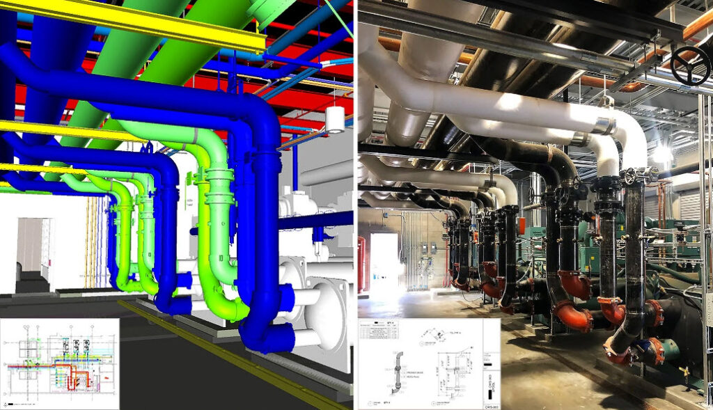 Chiller plant BIM model (left) vs. completed field installation (right