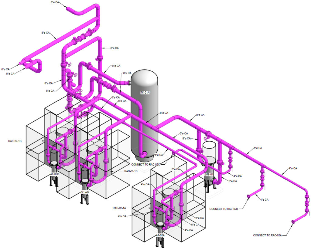 AET compressor room isometric drawing — LOD 400 fabrication-level geometry with exact dimensions, hanger modeling, and spool-ready assemblies.