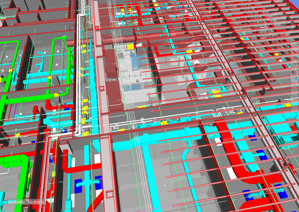 AET open-roof MEP BIM model showing the full multi-trade coordination complexity that must be resolved before fabrication can begin.