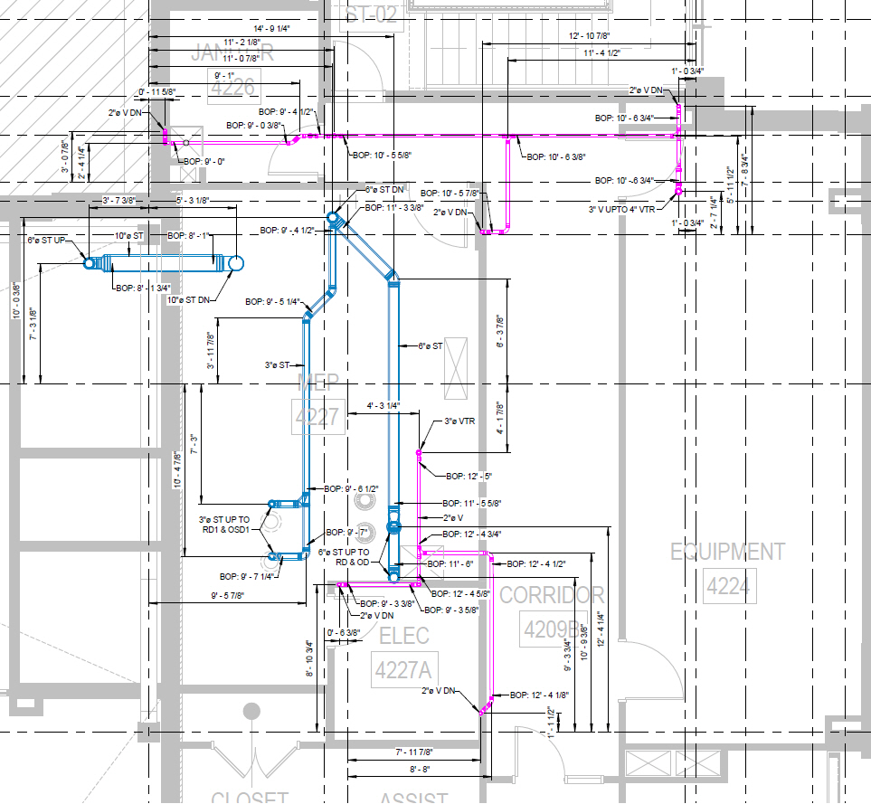AET gravity piping shop drawing showing spool numbering, break logic, bill of materials, and installation dimensions.