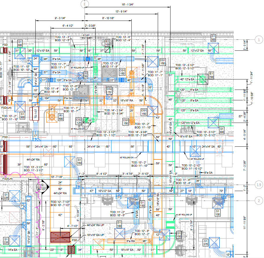 Harrison Hospital duct shop drawing — fully coordinated HVAC fabrication documentation produced by AET for a complex healthcare project.