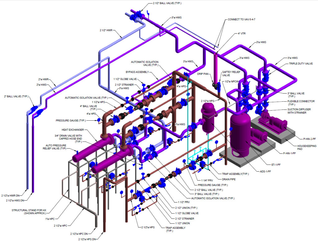Mechanical room isometric shop drawing — complete valve schedule, equipment tags, and piping callouts 