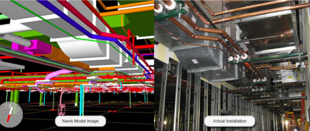 BIM coordination model (left) vs. actual field installation (right) — model-to-construction accuracy