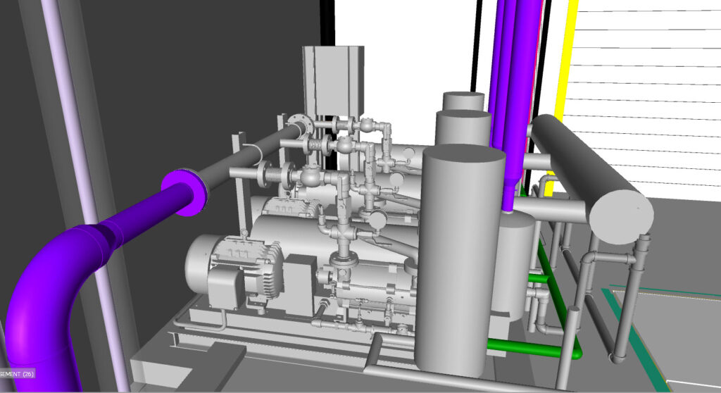 LOD 400 vacuum pump room BIM model — fabrication-accurate equipment geometry