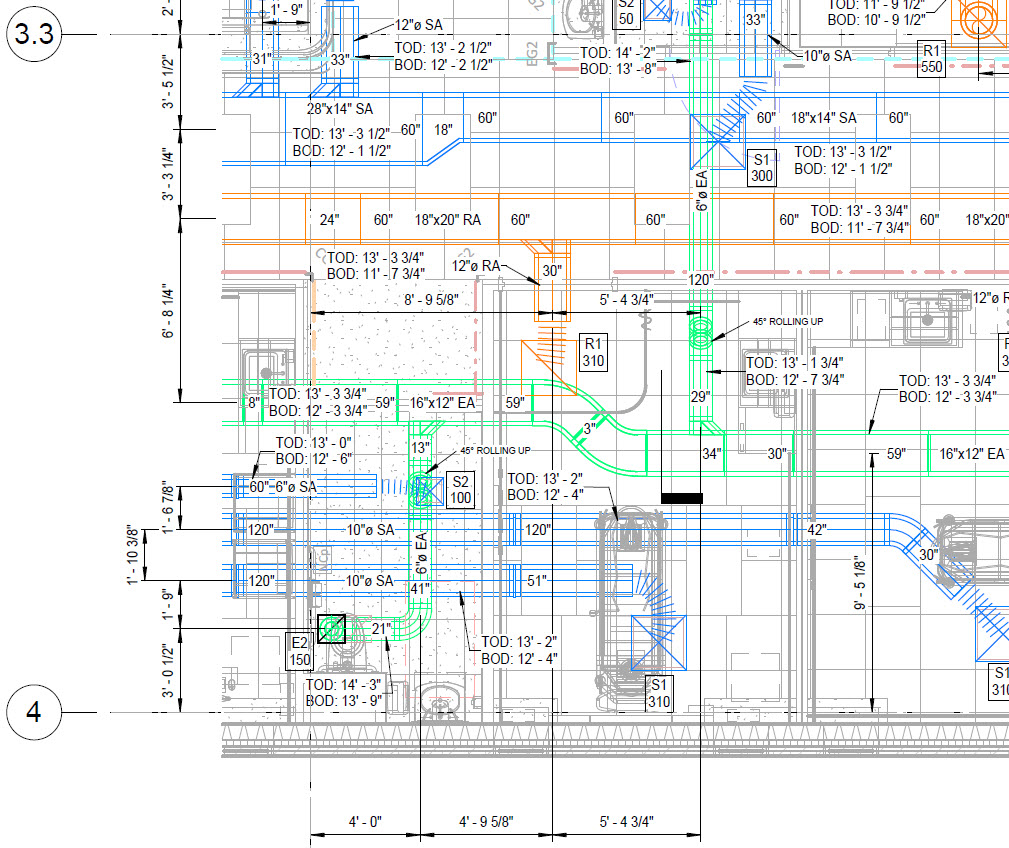 A fabrication-ready HVAC duct shop drawing generated directly from the coordinated Revit model.